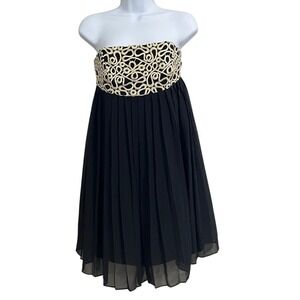 Lilly Pulitzer Strapless Dress Black Gold Trim Pleated Silk  Size 2